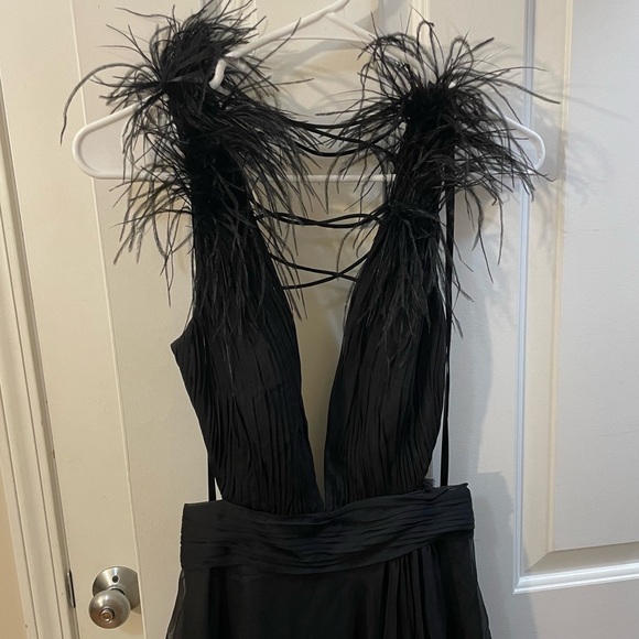 Mac Duggal Plunge Osterich Feather A Line Gown - Picture 2 of 6